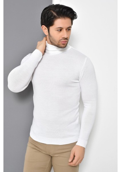 Tena Moda Erkek Beyaz Tam Balıkçı Yaka Basic Triko Kazak fiyatları