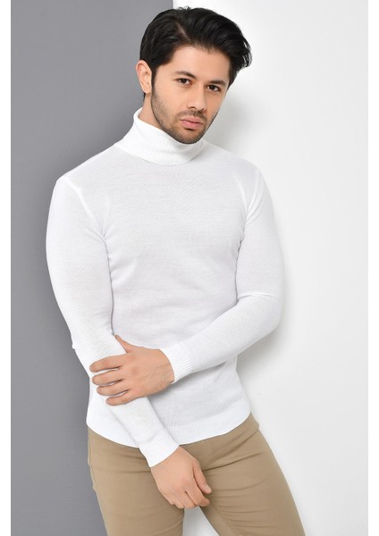 Tena Moda Erkek Beyaz Tam Balıkçı Yaka Basic Triko Kazak modelleri