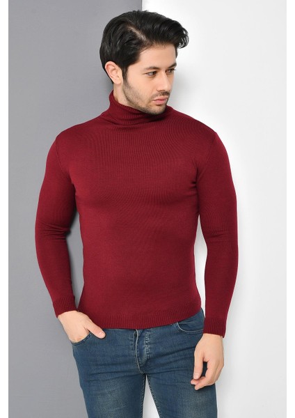 Tena Moda Erkek Bordo Tam Balıkçı Yaka Basic Triko Kazak