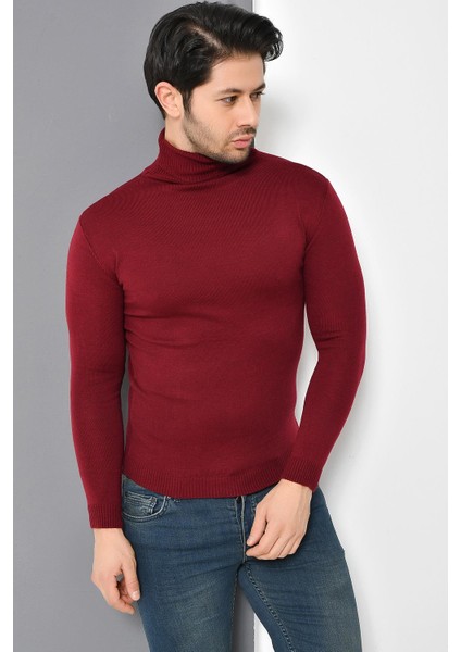 Tena Moda Erkek Bordo Tam Balıkçı Yaka Basic Triko Kazak
