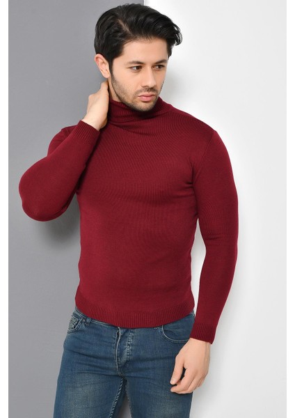 Tena Moda Erkek Bordo Tam Balıkçı Yaka Basic Triko Kazak