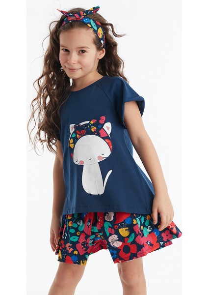 Çiçekli Kedi Kız Çocuk T-shirt Poplin Şort Takım