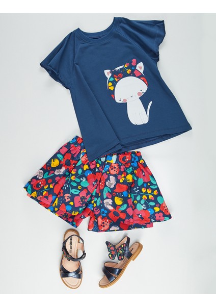 Çiçekli Kedi Kız Çocuk T-shirt Poplin Şort Takım