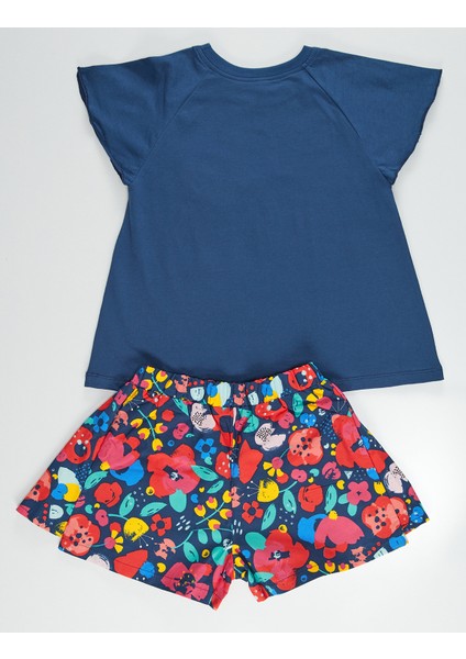 Çiçekli Kedi Kız Çocuk T-shirt Poplin Şort Takım