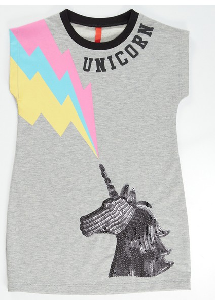 Gri Unicorn Kız Çocuk Elbise