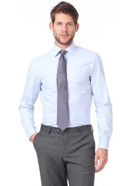 Mavi Düz Slim Fit Dokuma Klasik Pamuk Karışımlı Gömlek