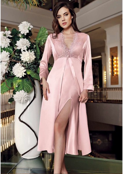 8025 Çeyizlik Saten Dantelli Uzun Altılı Set Takım Pudra