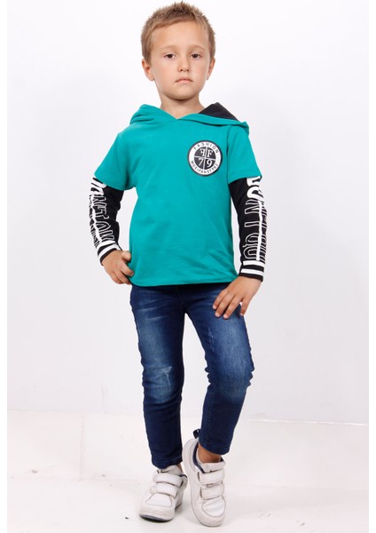 Erkek Çocuk Kapşonlu Kolları Baskılı Sweatshirt