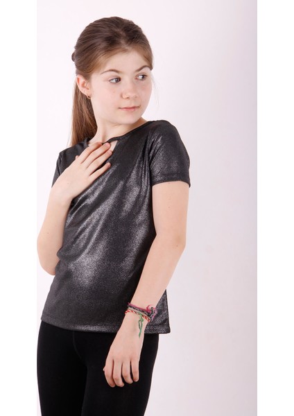 Kız Çocuk Kum Varaklı T-Shirt Gri 14 Yaş K-208