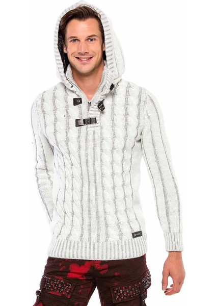Cipo&Baxx CP214 Peluş Kapşonlu Yakalı Örme Desen Kalın Kazak S