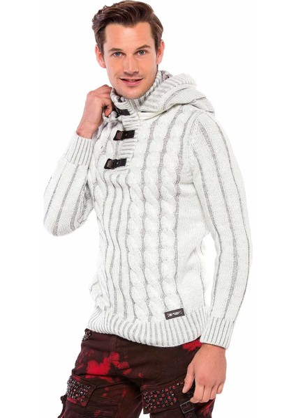 Cipo&Baxx CP214 Peluş Kapşonlu Yakalı Örme Desen Kalın Kazak S