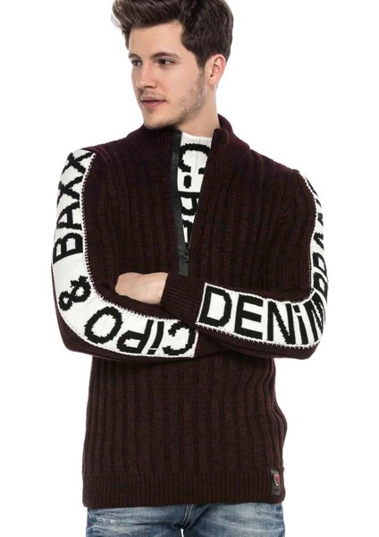 Cipo&Baxx CP216 Yarım Fermuarlı Yaka Dokulu Bordo Kazak M