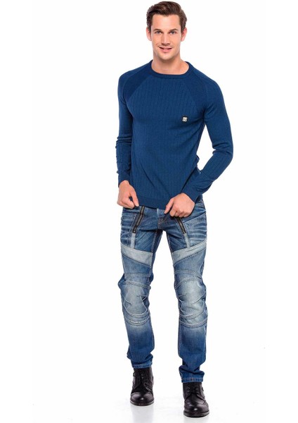 Cipo&Baxx CP192 Çizgili Mavi Armalı Basic Triko Kazak XXL fırsatları
