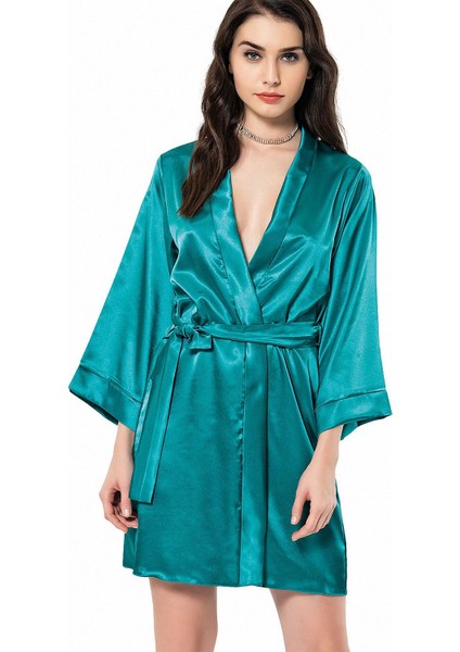 Kuşaklı Kimono Yaka Uzun Kollu Kadın Diz Üstü Sabahlık 7431