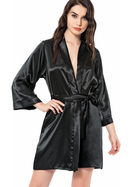 Kuşaklı Kimono Yaka Uzun Kollu Kadın Diz Üstü Sabahlık 7431