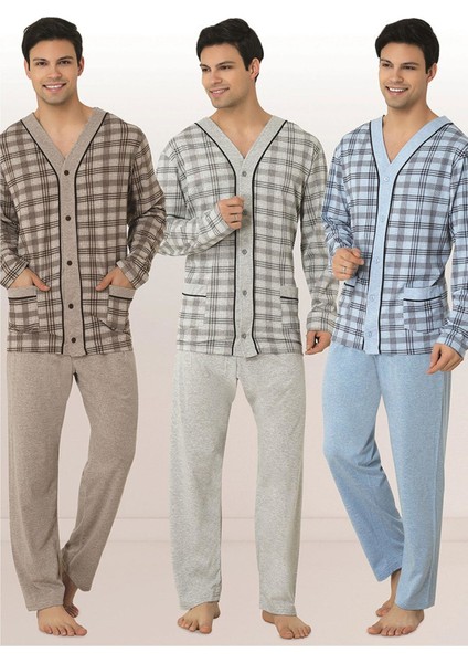 Kareli Boru Paça Uzun Kol V Yaka Erkek Pijama Takımı 2710