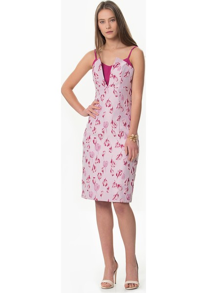 Kadın Çiçek Desenli Pembe Elbise-Y1611093-038