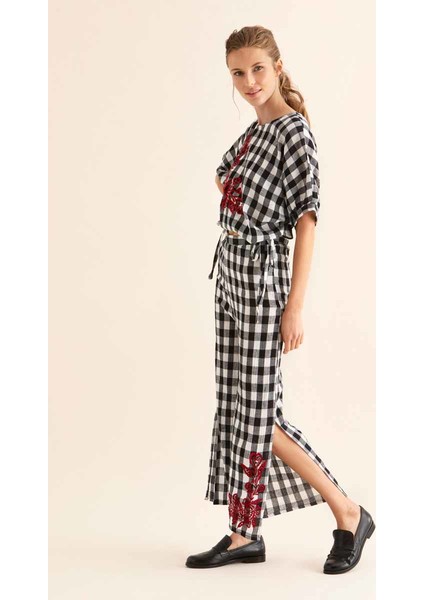 Kadın Çiçek Desenli Yırtmaçlı Pantolon-Y9966103-001