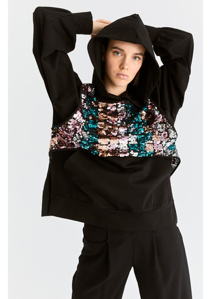 Kadın Kapüşonlu Ve Payetli Siyah Sweatshirt-K2054132-089