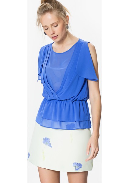 Kadın Mavi Çiçek Desenli Mini Etek-Y1715056-036
