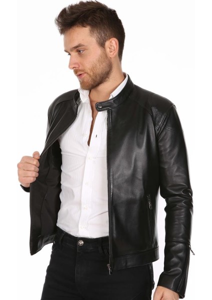 Deri Erkek Deri Mont Klasik Slim Fit Dar Kalıp