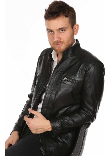 Deri Erkek Düz Model Casual Deri Mont