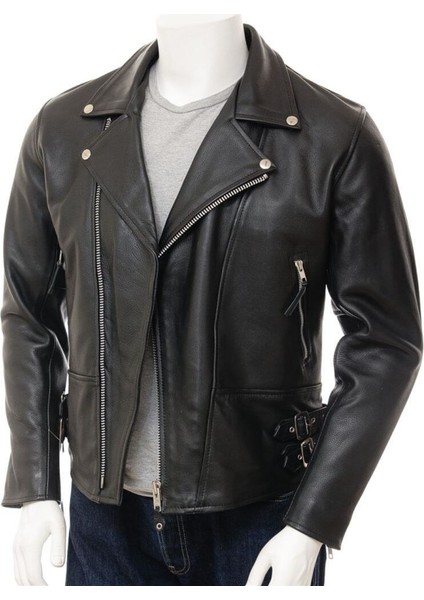 Deri Erkek Siyah Deri Biker Ceket Ashford
