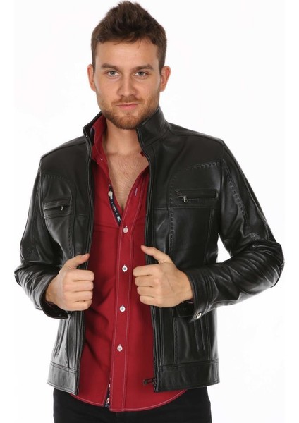 Deri Erkek Dikiş Model Casual Deri Mont