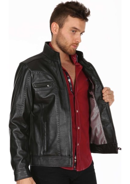 Deri Erkek Dikiş Model Casual Deri Mont