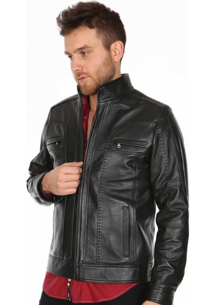 Deri Erkek Dikiş Model Casual Deri Mont