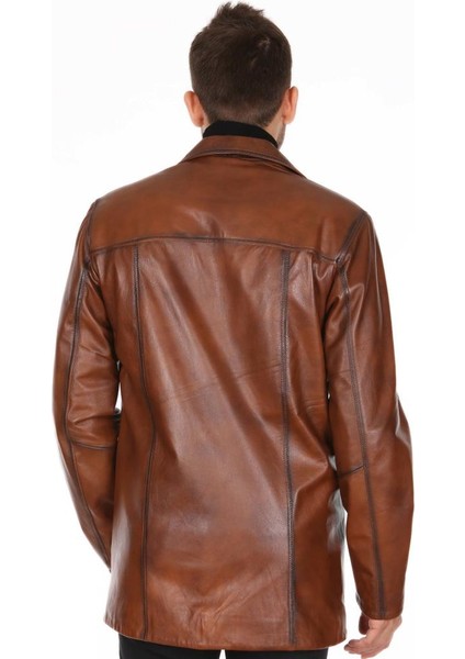 Deri Erkek Kahve Düz Model Deri Parka