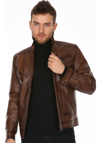 Deri Erkek Düz Spor Model Kahve Deri Mont