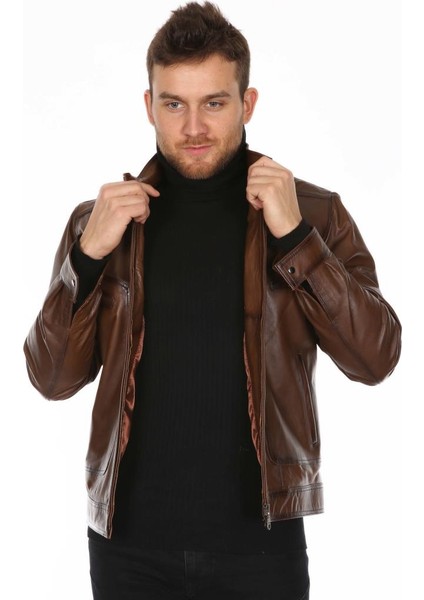 Deri Erkek Düz Spor Model Kahve Deri Mont