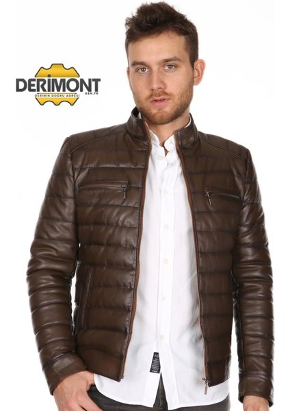 Deri Erkek Kahve Şişme Deri Mont