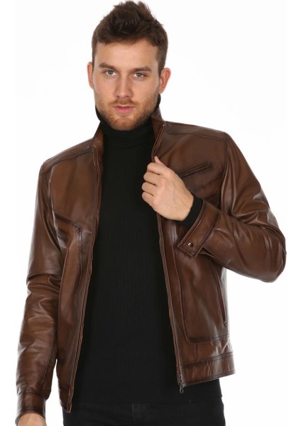 Deri Erkek Düz Spor Model Kahve Deri Mont