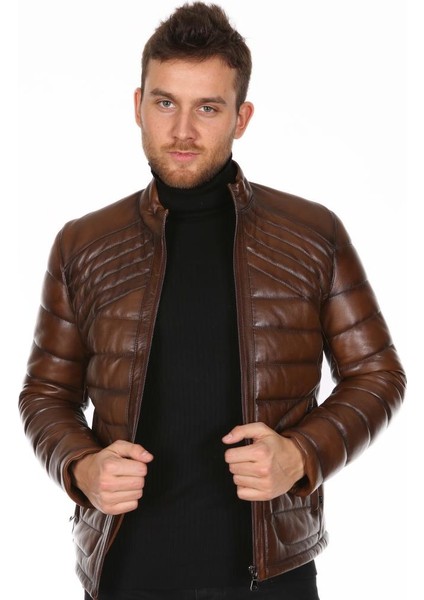 Deri Erkek Taba Şişme Deri Mont