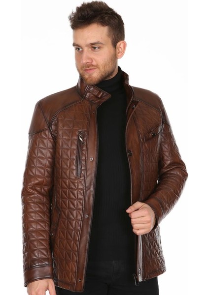 Deri Erkek İşlemeli Casual Deri Mont
