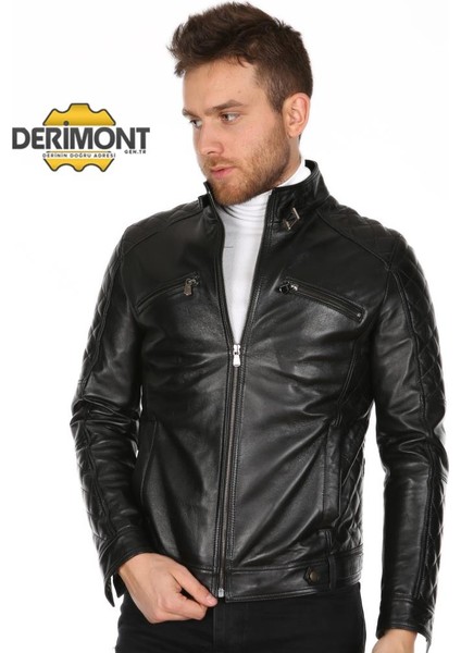 Deri Erkek Yaka Kemerli Yan İşleme Deri Mont