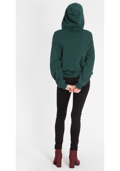 Hilda - Kapşonlu Önü Nakışlı Yeşil Sweatshirt M