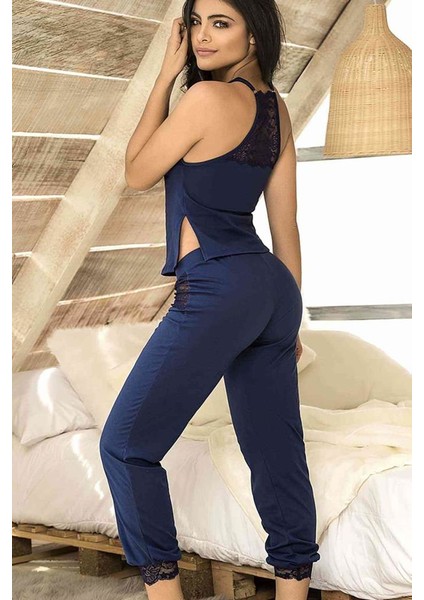 Dantel Işlemeli Pijama Takım Lacivert L