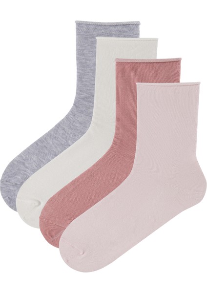 Pembe - Çok Renkli Simple 4'lü Soket Çorap