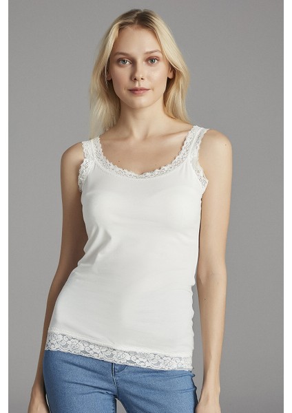 Kırık Beyaz Basic Lace Cami Atlet