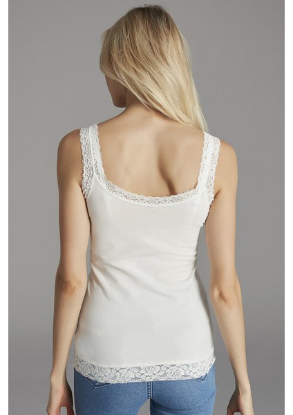 Kırık Beyaz Basic Lace Cami Atlet