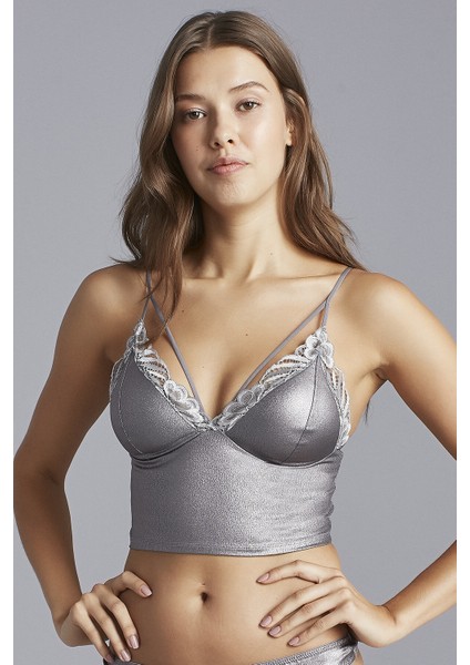 Parlak Gri Luna Leather Bralet