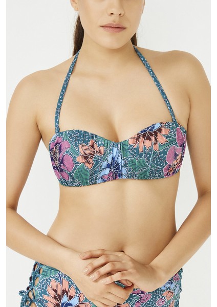Baskılı Green Büzgülü Bikini Üstü