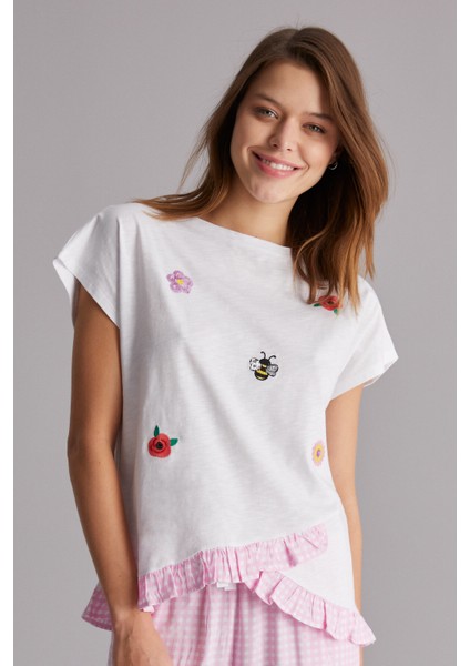 Kırık Beyaz Gingham Daisy T-Shirt fiyatları