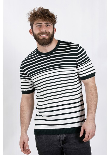 Alexander Gardı Bisiklet Yaka T-Shirt, Yeşil Çizgili (Ag504806) Beyaz-Yeşil M