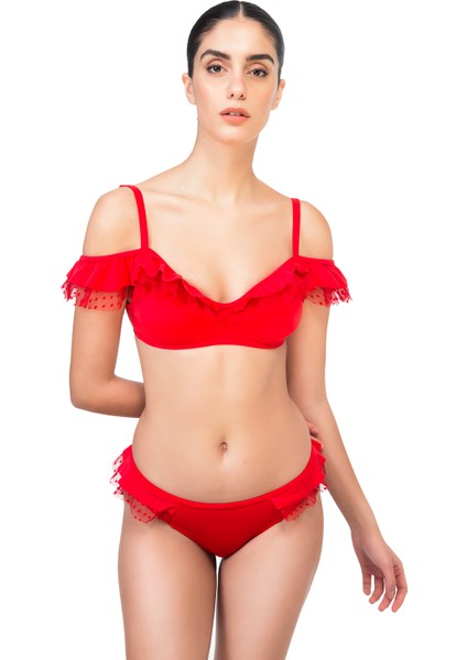 Volanlı Kırmızı Tüllü Bikini Takımı