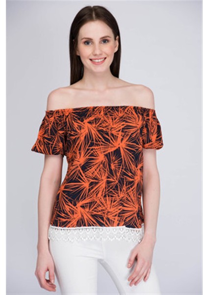 8170006 Viskon Desenli Yaka Lastikli Eteği Güpürlü Bluz TABA-SIYAH