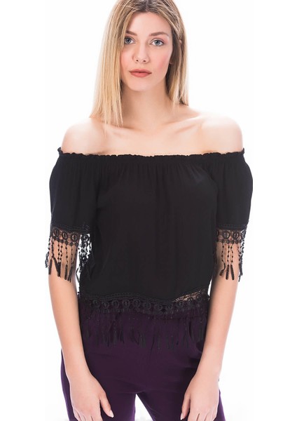 8181191 Şile Bezi Kolu Ve Etek Ucu Boncuk Dantel Bluz